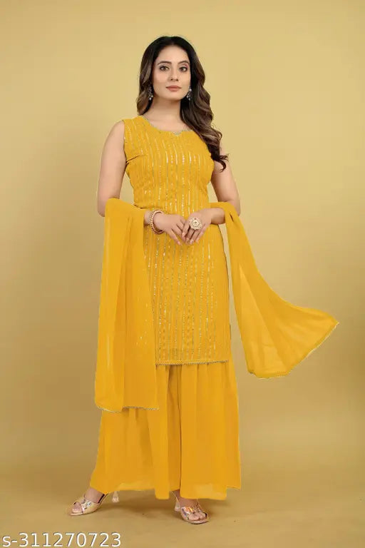 Georgette print kurta set with sharara and dupatta, sleeveless and stitched, women's Indian fashion