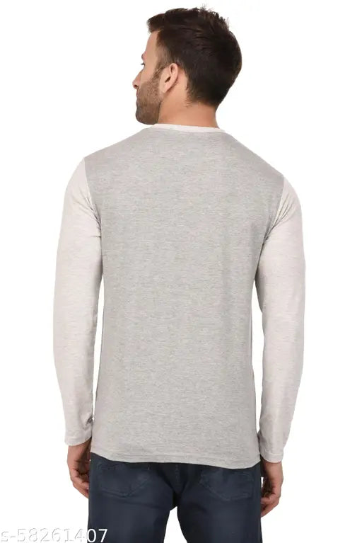 Grey cotton men's full sleeve paneled regular fit t-shirt, stylish loungewear for leisure activities