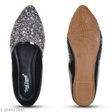 Embellished synthetic leather ethnic jutis for women in sizes IND-5 to IND-9. Decorative slip-on shoes from India
