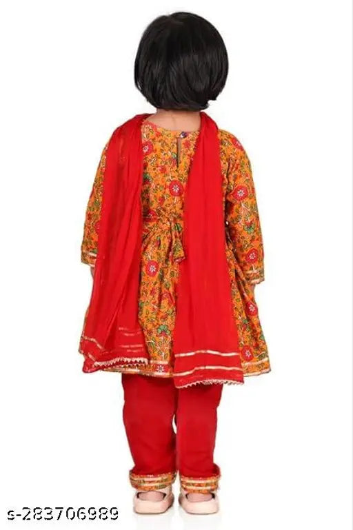 Blue cotton ethnic kurti and pant dupatta set for girls, floral printed with three-quarter sleeves, ideal for cultural events or weddings