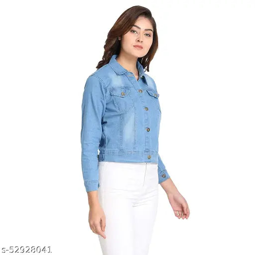 Trendy solid denim women's jacket & waistcoat, cotton blend, all-season wear