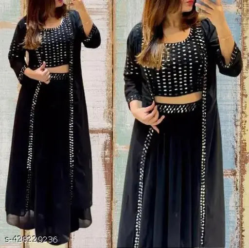 Black georgette gown with embroidery, long sleeves, choli skirt - women's festive indowestern set for wedding party wear, birthdays, engagements or receptions