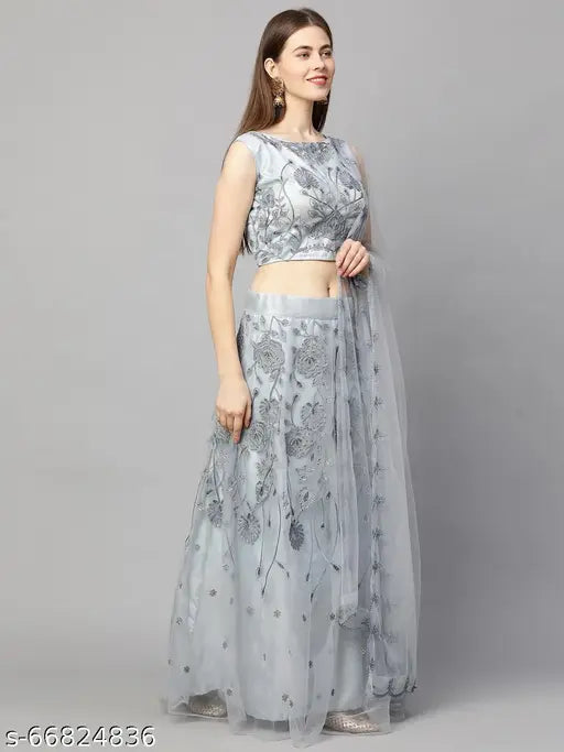 Sky Blue net beads and stones semi-stitched lehenga, choli, and dupatta with embroidery - Indian ethnic wear for women, adjustable waist up to 42", 42" length