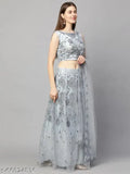 Sky Blue net beads and stones semi-stitched lehenga, choli, and dupatta with embroidery - Indian ethnic wear for women, adjustable waist up to 42", 42" length