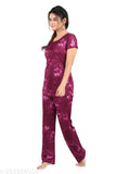 Satin night suit set for women, printed with intricate pattern, two pieces in sizes M, L, XL