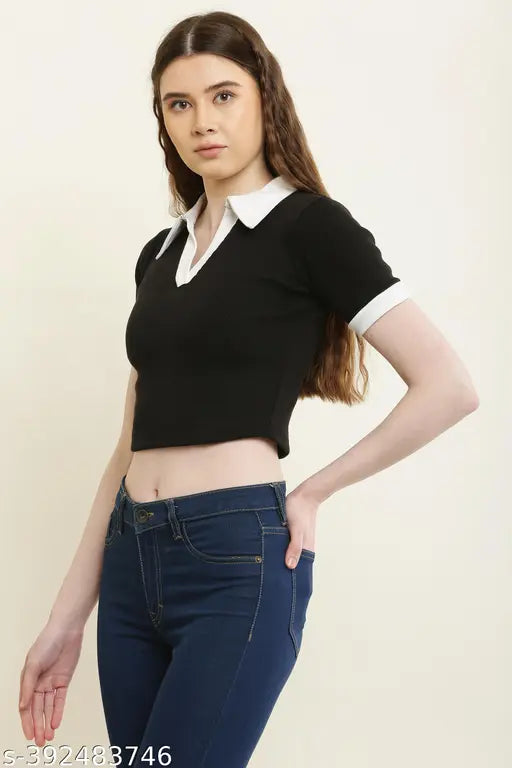 Black Lycra formal collar T-shirt for women & girls, solid pattern with short sleeves, crop top style from India