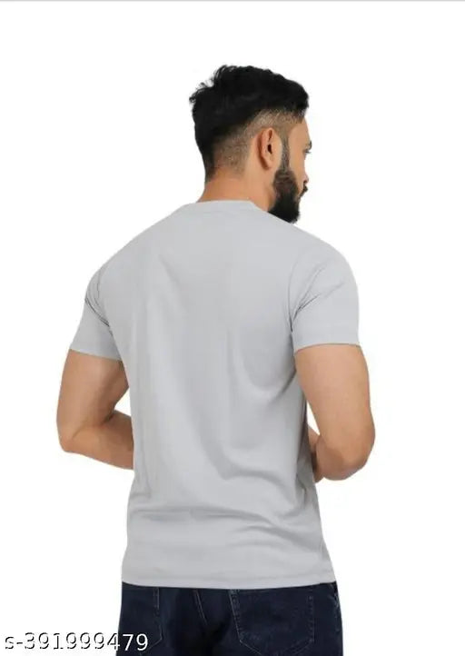 Grey Lycra men's printed t-shirt, great for gym or party wear with short sleeves and round neckline