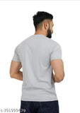 Grey Lycra men's printed t-shirt, great for gym or party wear with short sleeves and round neckline