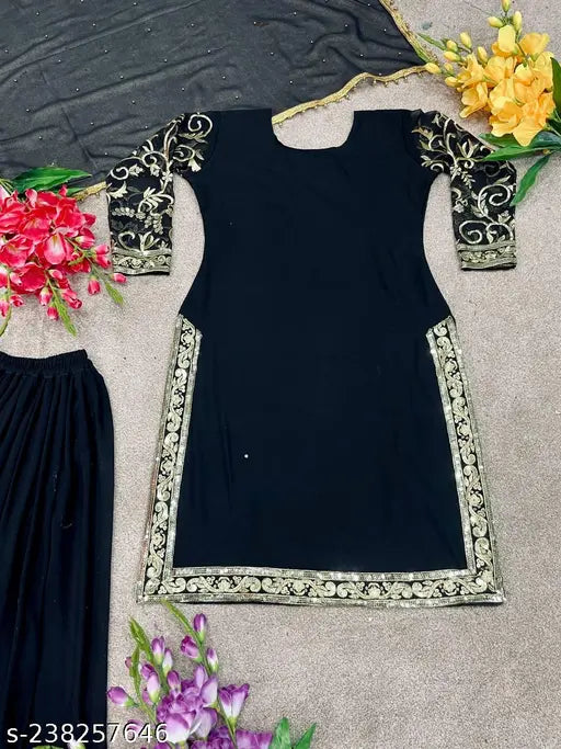 Georgette Sharara Palazzo with heavy embroidery, Indian designer party wear for women, free size, three-quarter sleeves