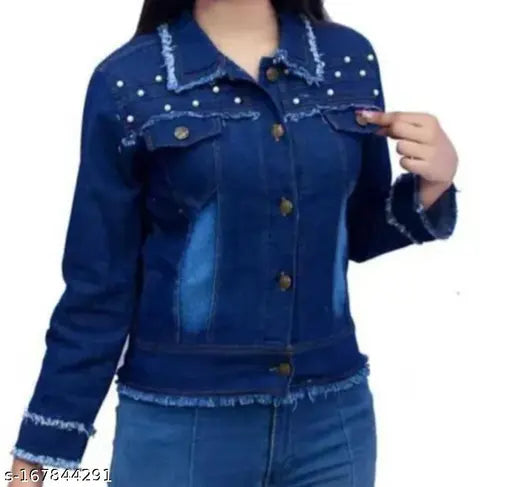 Embellished long-sleeved solid denim jacket for women, India-made