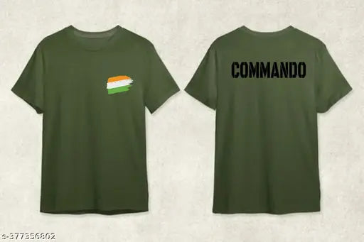 Army green polyester short-sleeve t-shirt with printed pattern, size 26" for men, made in India