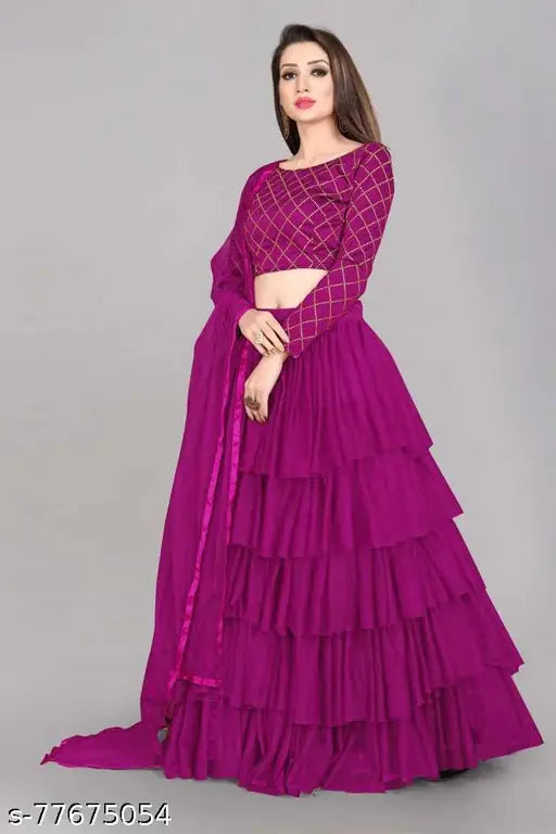 Fancy net lengha choli and dupatta, satin topwear with net bottomwear and dupatta, free size, Indian traditional bridal wear