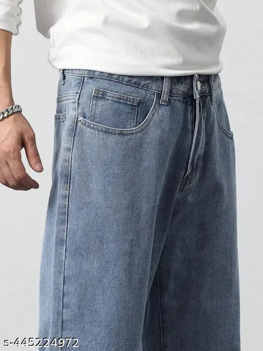Light blue denim men's regular baggy jeans - loose fit, solid pattern, size 28/30/32, Indian origin