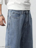 Light blue denim men's regular baggy jeans - loose fit, solid pattern, size 28/30/32, Indian origin