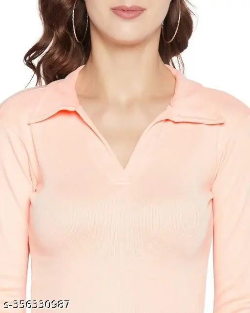 Peach cotton blend collar top for women, long-sleeved solid neck design (Size S: Bust 34in, Length 21in)