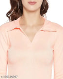 Peach cotton blend collar top for women, long-sleeved solid neck design (Size S: Bust 34in, Length 21in)