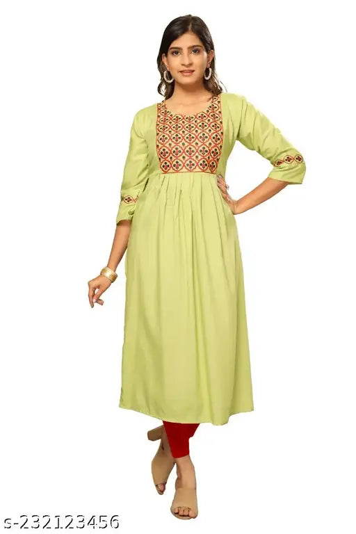 Nayra Cut Rayon Cotton Embroidered Kurti - Indian-origin, solid pattern, three-quarter sleeve