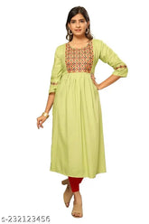 Nayra Cut Rayon Cotton Embroidered Kurti - Indian-origin, solid pattern, three-quarter sleeve