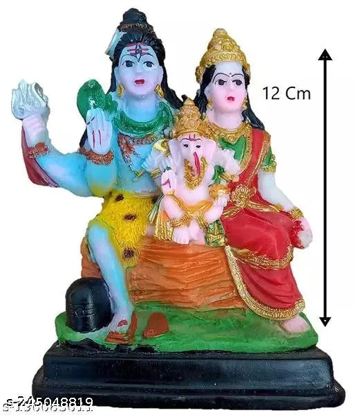 Multi-colored resin Mahadev family statue, featuring Shiva, Parvati, and Ganesh. Ideal for Vastu Pooja in home mandir, size: 5ft L x 14ft H x 10ft B (single piece)