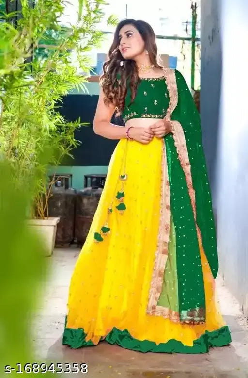 Embroidered Semitone Linen-Cotton Lehenga Choli & Net Dupatta set, Indian stonework on free-size attire
