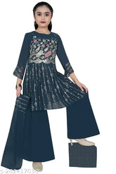 Girls' A-line cotton blend ethnic kurta plazzao set with dupatta, printed and short sleeves, ideal for celebrations and outings