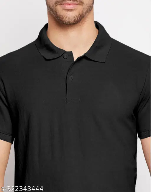 Black poly lycra Selvia Men's short sleeve t-shirt with classic polo collar, solid pattern, and half sleeves. Quality casual wear for work or play in India