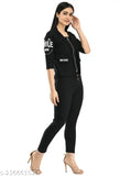 Women's Black Cotton Blend Two-Piece Dress Set: Fancy printed koti with stretchable ankle-length pants, solid design, available in sizes S, M, L, XL. Made in India
