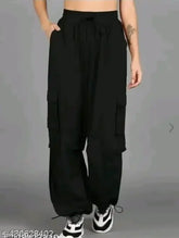 Black polyester wide-leg cargo pants with oversized pockets, hippie streetwear for women, offering smooth fit and supportive lift