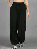 Black oversized wide leg cargo pants with deep pockets, suitable for hippie streetwear or casual outfits