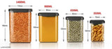 Black pack of 16 airtight plastic dry fruit jars: 4x1400ml, 4x950ml, 4x650ml, 4x350ml - transparent, BPA-free, stackable & modular. Ideal for food storage in the kitchen