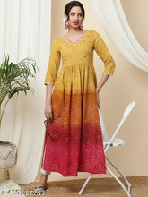 Mustard viscose rayon checked thread work Anarkali Kurta with ethnic motifs, semi-flared neck and 3/4 sleeves for women