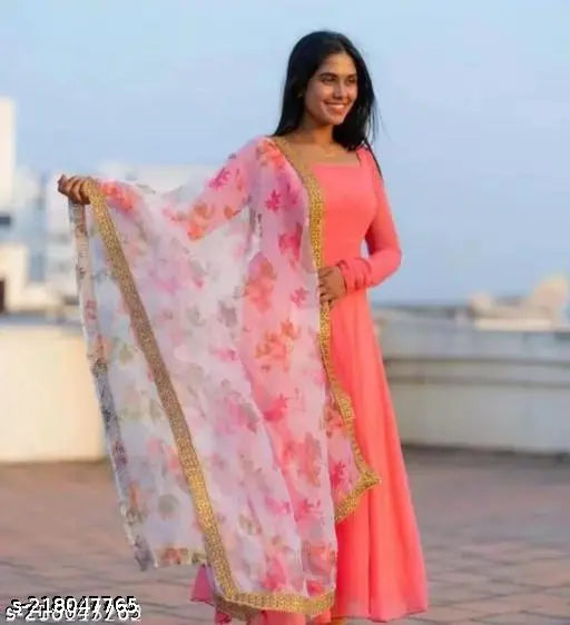 Georgette full ghera anarkali gown with lace border and digital dupatta, beautiful Indian bridal wear featuring long sleeves