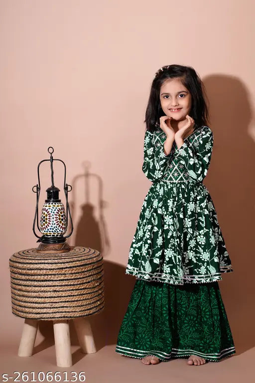Green rayon embroidered baby girl kurti sharara set with dupatta and flared anarkali sleeves" (108 characters)