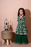 Green rayon embroidered baby girl kurti sharara set with dupatta and flared anarkali sleeves" (108 characters)