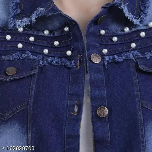 Fashionable denim jacket, long-sleeved, dyed/washed, women's solid pure denim, size S (bust 34in, length 21in), made in India