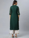 Rayon women's printed net kurta and palazzo set, three-quarter sleeves, India origin