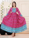 Pink blue Anarkali viscose rayon dress, three-quarter sleeves, printed combo pattern, XL, Indian origin