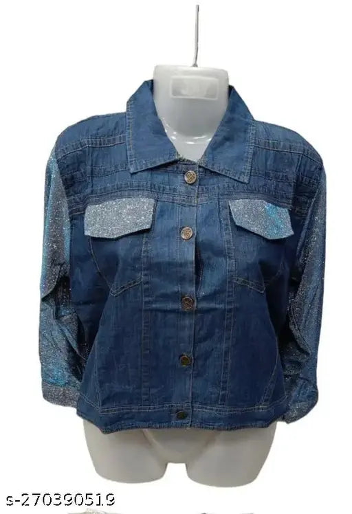 Blue denim partywear jacket for girls, long sleeves, solid pattern, sizes M-XL