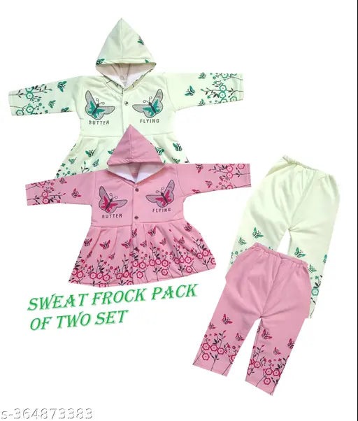 Soft wool winter sweat frock & pyjama combo set for baby girls, self-design net pattern on display