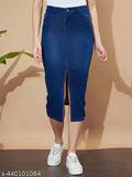 Denim-washed stretchable cotton blend skirt, solid color, long front center slit, ideal for casual wear