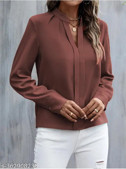 Brown polyester long sleeve solid v-neck top and tunic for women, made in India