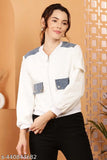 Casual wear polycotton colorblocked denim jacket for women, long sleeves, size M (36-30-32), India origin