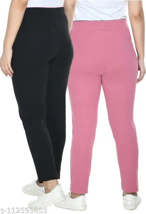 Women's black & pink solid cotton blend jeggings by PRIYA POINT - 2 pieces in sizes 26-40
