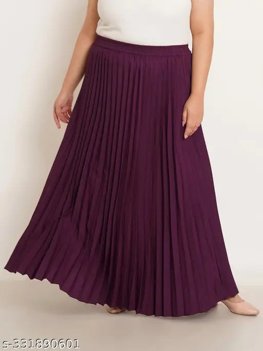 Purple plus size accordion pleated flared maxi skirt, crepe fabric, elastic waistband, slip-on closure