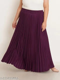 Purple plus size accordion pleated flared maxi skirt, crepe fabric, elastic waistband, slip-on closure