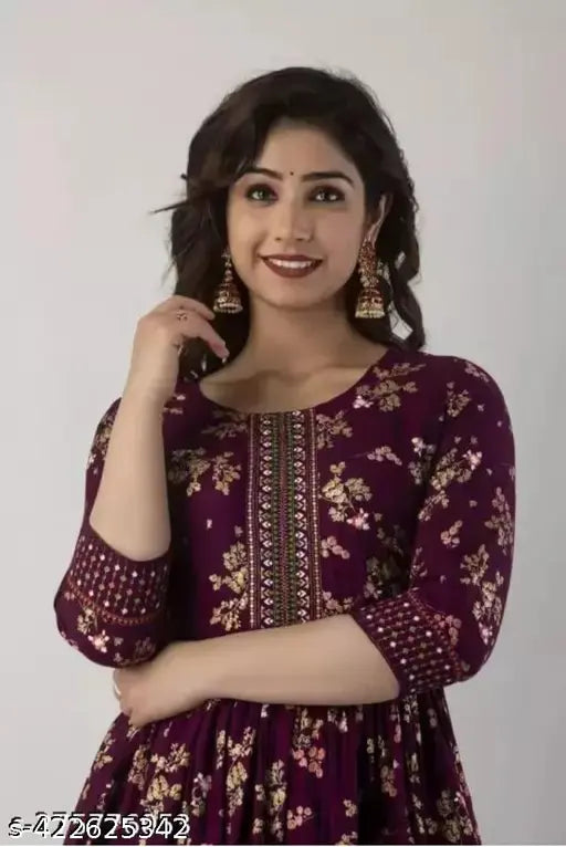 Wine rayon three-quarter sleeve printed Anarkali gown, Indian ethnic wear for women XS-XXXL