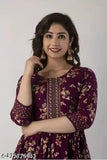 Wine rayon three-quarter sleeve printed Anarkali gown, Indian ethnic wear for women XS-XXXL
