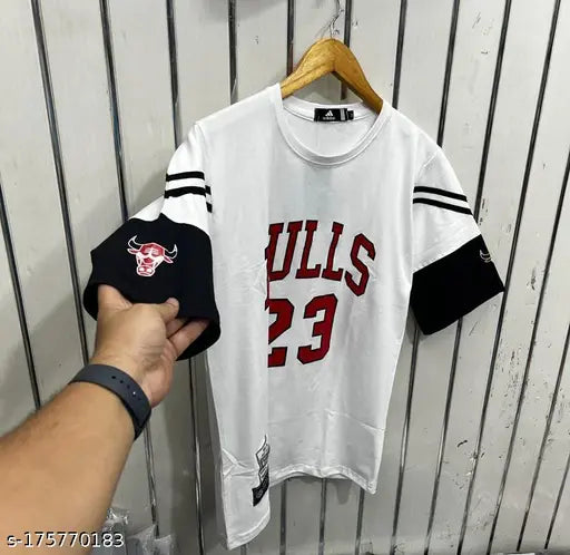 White cotton printed offshoulder t-shirt by Bulls 23, three-quarter sleeves, India