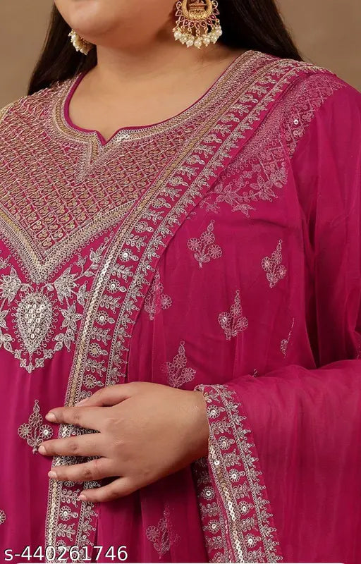 Embroidered Georgette Kurti with Sharara & Dupatta, Indian ethnic wear with sequinned scalloped sleeves and three-quarter length, single item for S to XXL sizes