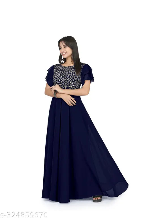 Navi Blue Georgette gown with short sleeves, embroidered net pattern on Bosaru women's charming geometric dress